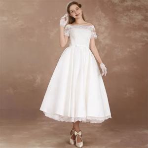 여성을위한 맞춤형 우아한 반팔 미디 웨딩 드레스 레이스 보트 넥 티 길이 a 라인 신부 가운 Vestidos De Novia