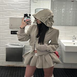 이른 봄 카키색 나비넥타이 후드티 여성용 짧은 코트 세트 대학 스타일 루즈핏 긴팔 지퍼 여밈 데일리웨어