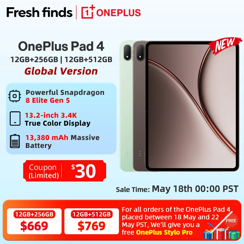 월드 프리미어 OnePlus Pad 4 글로벌 버전 태블릿 스냅드래곤 8 엘리트 5세대 13380mAh 배터리 80W SUPERVOOC 13.2인치 디스플레이