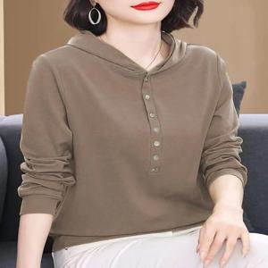 봄 가을 코튼 후드티 여성 긴팔 캐주얼 얇은 큰 사이즈 유행하는 하단 포켓 타월 순색 루즈핏