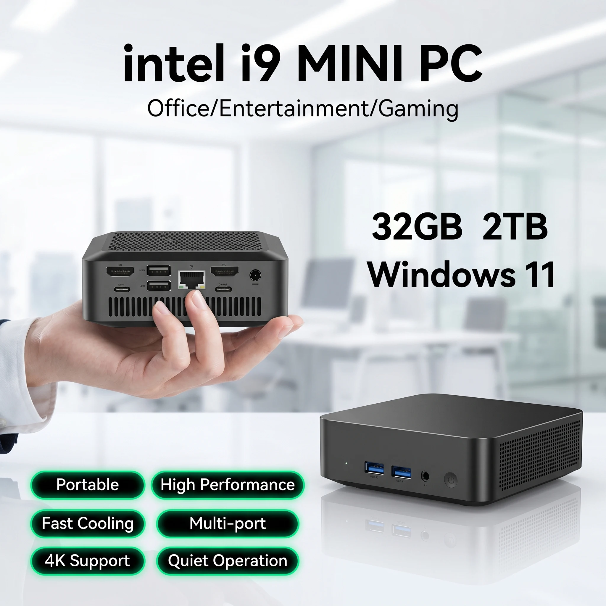 LENO 미니 PC 게이머 휴대용 컴퓨터 32GB RAM 2TB SSD 인텔 코어 i9-9900 FHD 블루투스 WiFi6 윈도우 11 게이밍 오피스 4K HDMI