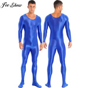 남성 긴 소매 광택 Bodystocking 솔리드 ​​컬러 스트레치 바디 슈트 파티 나이트 클럽 의상 Clubwear 피트니스 스포츠웨어 Nightwear