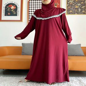 2023 여성을위한 이슬람 솔리드 코튼 Abaya 라마단기도 의류 공동 모자 두바이 터키 중동 Femme 가운 꽃 루즈 드레스