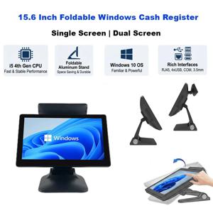 인텔 i5 4세대 8G 128G POS 시스템, 15.6인치 터치스크린 및 10.1인치 보조 화면, 접이식 알루미늄 스탠드, 다채로운 인터페이스