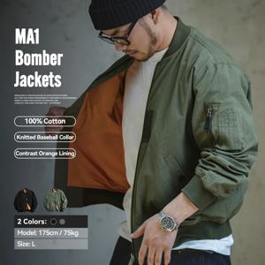 Maden Retro MA1 폭격기 비행 재킷 녹색 방풍 파일럿 재킷 남성용 봄, 가을 캐주얼 오토바이 야구 코트