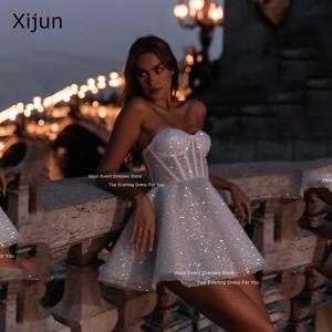 Xijun 반짝이 웨딩 드레스, 연인 민소매 무도회 드레스, 얇은 명주 그물 짧은 신부 가운, 신부 가운, 드 노비아