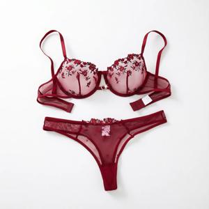 여성용 와인 레드 하트 모양 디자인 자수 반투명 편안한 통기성 속옷 세트, 적합한 모델 ZA825026