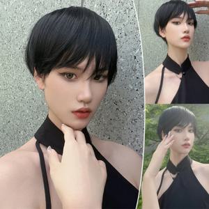 패션 짧은 스트레이트 뱅 다크 브라운 픽시 컷 가발 여성용 헤어 합성 내열성 자연 찾고 매일 사용