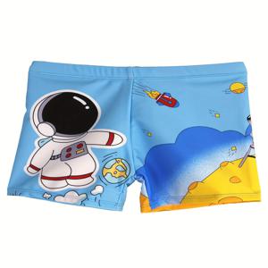만화 우주 비행사 패턴 소년을위한 빠른 건조 수영 트렁크, 탄성 허리 비치 반바지, 여름 휴가를위한 소년 수영복