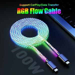 고속 충전 RGB 케이블 100W 호흡 빛 66W 유형 C USB C 데이터 케이블 for iPhone Samsung Huawei 30W Xiaomi 용 빠른 충전