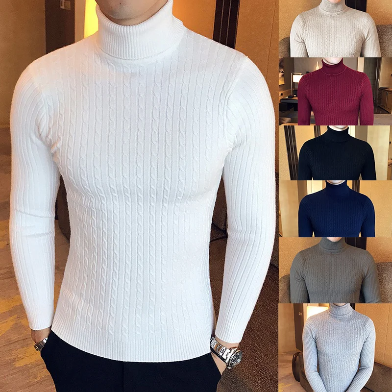 남성용 하이넥 두꺼운 따뜻한 스웨터, 터틀넥 브랜드 스웨터, 슬림핏 풀오버, 남성 니트웨어, 남성 더블 칼라, 겨울