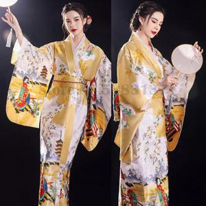 여성용 일본 전통 빈티지 기모노 가운, 원피스 패션 프린트 게이샤 로브, 유카타 오비 노벨티 엘레강스 기모노 코스튬