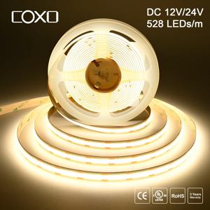 선형 디밍 가능 24V 12V COB LED 스트립 라이트 528LEDs/m 고밀도 유연한 LED 리본 테이프 Ra90+ 3000K 4000K 6500K LED 조명