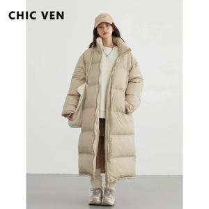 CHIC VEN 여성용 다운 재킷, 솔리드 스탠딩 칼라, 따뜻한 롱 화이트 덕 다운, 루즈 코트, 가을 겨울 패션, 신상 2024