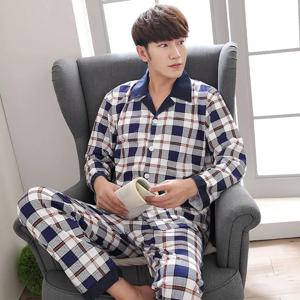 겨울 잠옷을위한 대형 따뜻한 잠옷 남성용 긴팔 청소년 홈웨어 2PCS 세트 만화 곰 격자 무늬 간단한 Loungewear