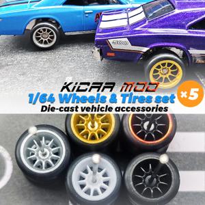 고정 고무 타이어가 있는 1/64 휠 장난감 모델용 10개 스포크 다이캐스트 자동차 Hotwheels용 부품 재장착(5개 자동차용 5세트)