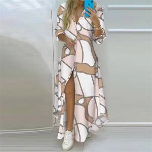 여름 여성 Boho 인쇄 긴 셔츠 우아한 드레스 턴 다운 칼라 긴 소매 여성 캐주얼 분할 셔츠 저녁 맥시 드레스
