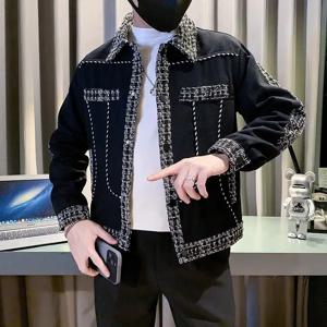남성용 턴다운 칼라 긴팔 패치워크 컬러 블로킹 재킷, 한국 시크한 상의, 가을 겨울 패션, 신상