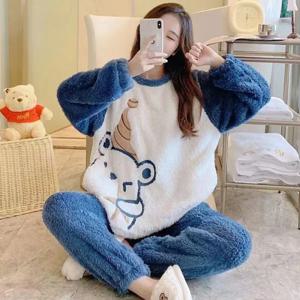 두꺼운 따뜻한 플란넬 여성 잠옷 산호 벨벳 잠옷 겨울 귀여운 만화 곰 패딩 숙녀 Nightwear Loungewear 두 세트
