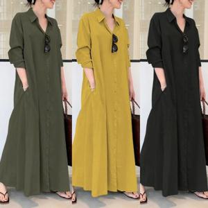 2025 Abayas 여성용 코튼 리넨 단색 라펠 긴팔 포켓 로브, 팜므 Musulman 심플 루즈 캐주얼 롱 셔츠 원피스