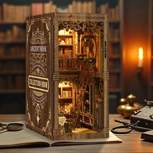 DIY 북눅 키트 나무 미니 인형의 집 3D 퍼즐 조립 모델 북엔드 LED 조명 포함 책꽂이 장식품 창의적인 선물