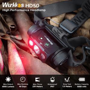 Wurkkos HD50 LED 헤드램프 4000LM 고출력 충전식 손전등 IP67 방수 21700 낚시 조명 660nm 적색광 포함
