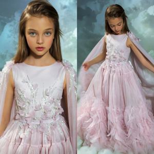 Blush Pink Flower Girl Dresses With Cape Customized Floral Ruffles Princess Baby Girl's Birthday Party Gowns Kids Pageant Dress