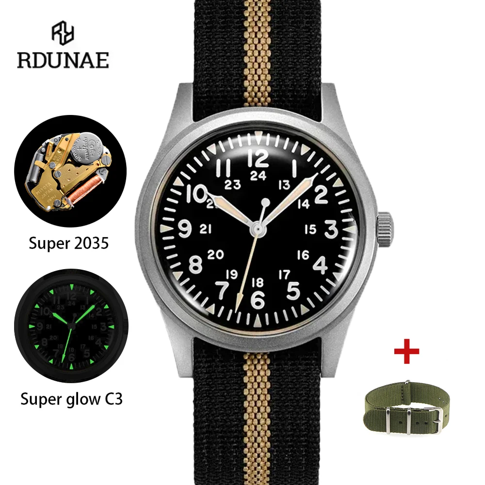 2025 새로운 RDUNAE RA03 34.5mm 군사 남자 빈티지 쿼츠 시계 G10 Miyota 2035 시계 K1 미네랄 유리 스테인레스 스틸 손목 시계