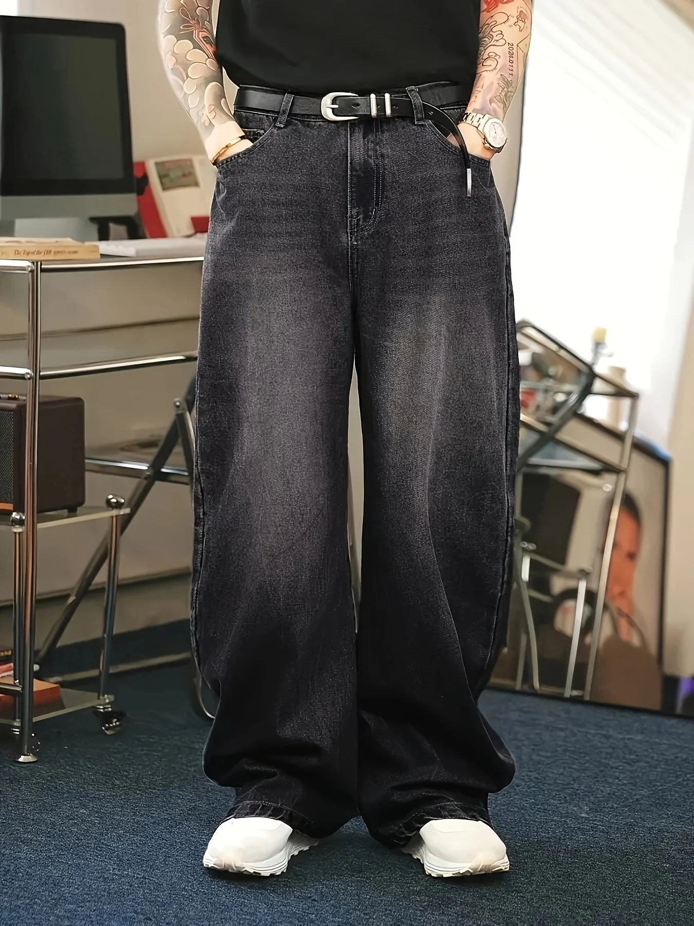 1Pc 남성용 데일리 여행 캐주얼 아메리칸 스트리트 루즈 청바지, 블랙, 라이트 블루, 씨 블루 패션 스트리트 스타일 레트로 랜턴 청바지 데님 바지