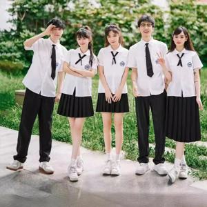 남성 여성 JK 유니폼 태국 스타일 학교 교복 반팔 셔츠 프레피 스타일 플리츠 스커트 보우 타이 탑 + 스커트 코스프레