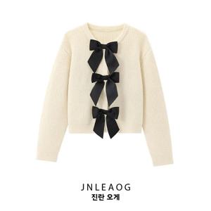 JNLEAOG 부드러운 니트 긴팔 라운드넥 슬림핏 오픈 가디건 여성 패셔너블 가을 신상 폴리에스터 섬유 나비 매듭