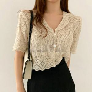 깎아 지른 자수 레이스 블라우스 커버 탑 짧은 소매 단추 프론트 카디건 여성 여름 Boho 휴가 복장
