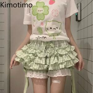 Kimotimo 녹색 격자 무늬 보우 스커트 반바지 여성 신축성있는 허리 슬림 Ift 짧은 바지 일본 카와이 다목적 Y2k 미적 의류