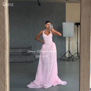 Qanz 핑크 전체 레이스 아플리케 이브닝 드레스 여성을위한 우아한 긴 기차 미인 대회 드레스 Backless Robes De Soirée Customized