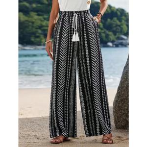 플러스 사이즈 1XL-5XL 새로운 여성용 스트라이프 프린트 캐주얼하고 심플한 와이드 레그 팬츠 여성 캐주얼 레이스 업 레그 팬츠
