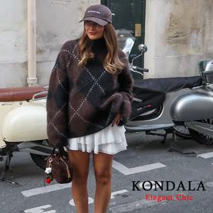KONDALA 마름모꼴 니트 풀오버 스웨터 또는 스커트 여성 봄 빈티지 캐주얼 루즈 스웨터 2025 패션 우아한 여성용 스웨터