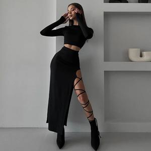 패셔너블하고 섹시한 여성용 가을 신상 단색 캐주얼 긴팔 라운드넥 탑 슬림 스트랩 슬릿 스커트 슈트