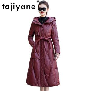 TAJIYANE 리얼 양가죽 오리털 코트 여성 롱 슬림 벨트 코트 시크 레드 천연 가죽 재킷 겨울 여성 의류 2025 신상 재킷
