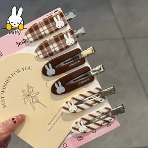 귀여운 미피 토끼 머리핀 커피색 체크무늬 미피 토끼 흔적없는 클립 달콤하고 레트로한 소녀 만화 앞머리 클립