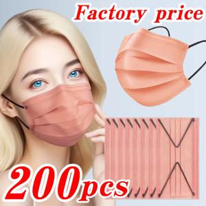 200개 두꺼운 사쿠라 핑크 4겹 일회용 안면 마스크 - 200/100/50/10개, 고무줄과 조절 가능한 코 클립 포함, 파티, 여행, 야외 활동, 캐주얼 착용자, 패션 애호가에게 적합, 이상적