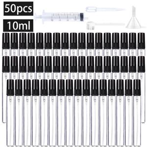 50개 4가지 액세서리 10ML 리필 가능한 유리 스프레이 병, 스프레이 병 50개, 스포이드 1개, 깔때기 1개, 디스펜서 디반 1개, 주사기 1개