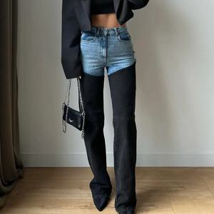 여성용 투톤 데님 팬츠 라이트 블루 & 블랙 패치워크 하이웨이스트 플레어 진 Y2K 스트리트웨어 데이트 및 일상용 바지