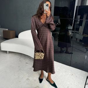 Talenza 여성 폴카 도트 드레스 패션 새틴 프린트 대비 v 넥 하이 웨이스트 새 드레스 여름 우아한 여성 파티 드레스 2026