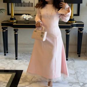 맞춤형 모던 스타일 여성 저지 레이스 플리츠 A라인 이브닝 드레스, 심플한 O넥 긴팔 발목 기장 드레스