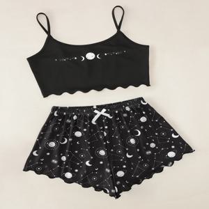 여성용 여름 잠옷 잠옷 세트 스타 문 프린트 민소매 슬링 자르기 탑과 반바지 세트 Homewear Loungewear Pijama