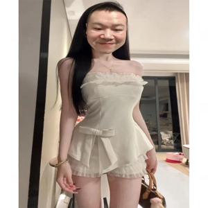 퓨어 디자이어 스파이시 걸 버터플라이 노트 튜브탑 메쉬 반바지 투피스 세트 여성 봄 가을 신상 하이웨이스트 숏팬츠