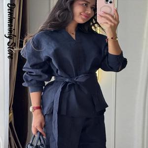 캐주얼 여성 린넨 팬츠 세트 2피스 루즈핏 레이스업 라펠 버튼 셔츠 와이드 레그 팬츠 2026 봄 여름 여성 휴가복