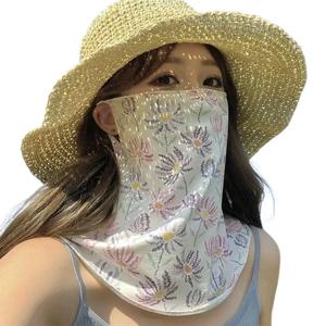 여성용 여름 자외선 차단 페이스 마스크, 플로럴 프린트 시폰 넥 스카프, 통기성 UV 차단, 귀걸이형 발라클라바, 해변용