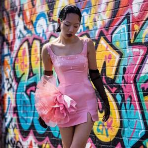 새롭고 귀여운 핑크 새틴 미니 드레스 여성 스퀘어넥 하이 슬릿 3D 플라워 튤 파티 드레스 여름 비치 생일 파티 가운