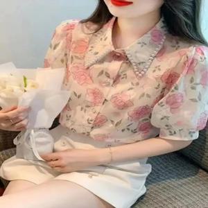 반팔 쉬폰 셔츠 트렌디 여성 여름 포인티드 칼라 블라우스 2024년 봄 신상 플로럴 포켓 스퀘어 한국 스타일
